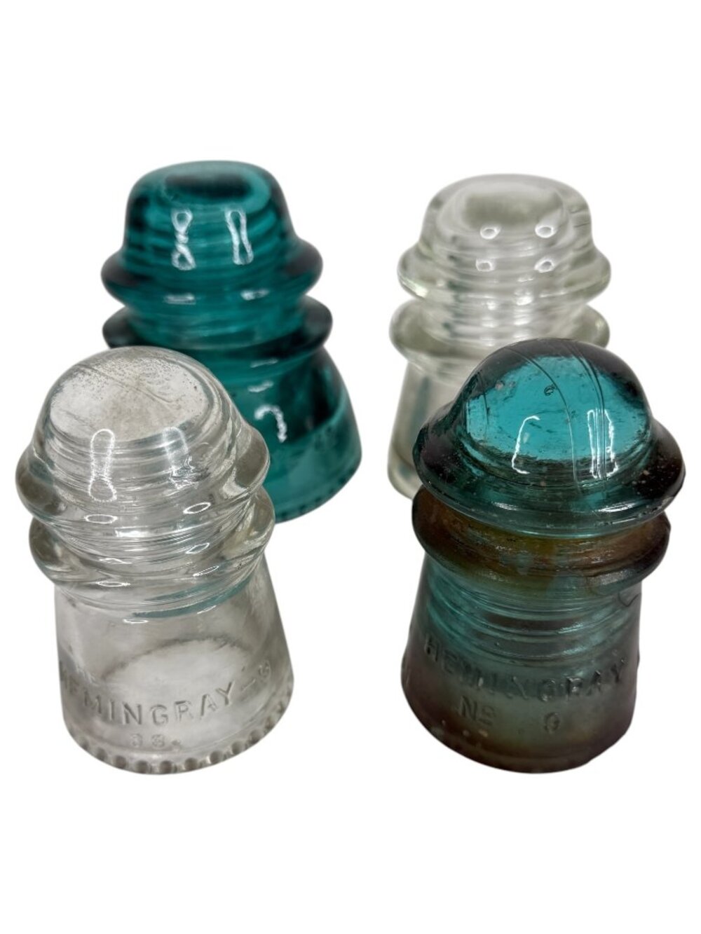 4 Vintage Hemingray Glass Electrical Line Insulators Clear & Aqua Blue Made‎ USA